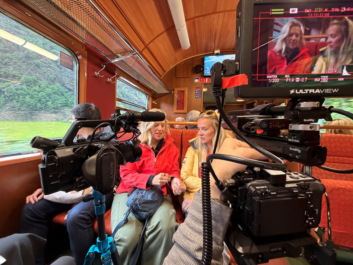 two women being filmed on a train